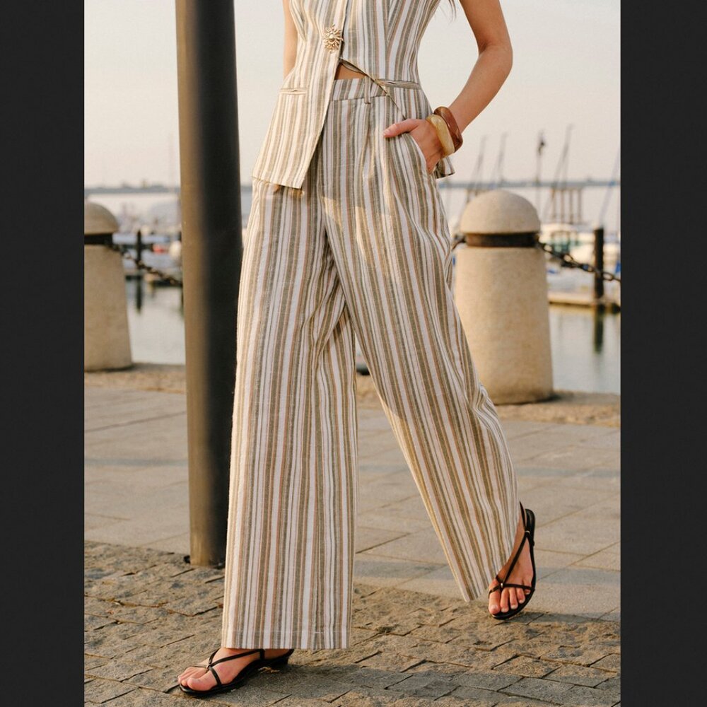Commense Beige and White Striped Wide Leg Pants